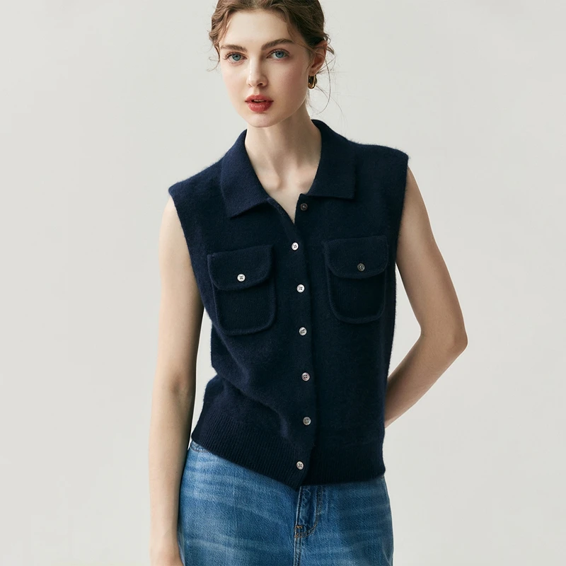 Women's 100% Cashmere Sweater Polo Collar Waistcoat Autumn Winter Vest Cashmere Knitwear Pockets Luxury Sleeveless Clothing Tops