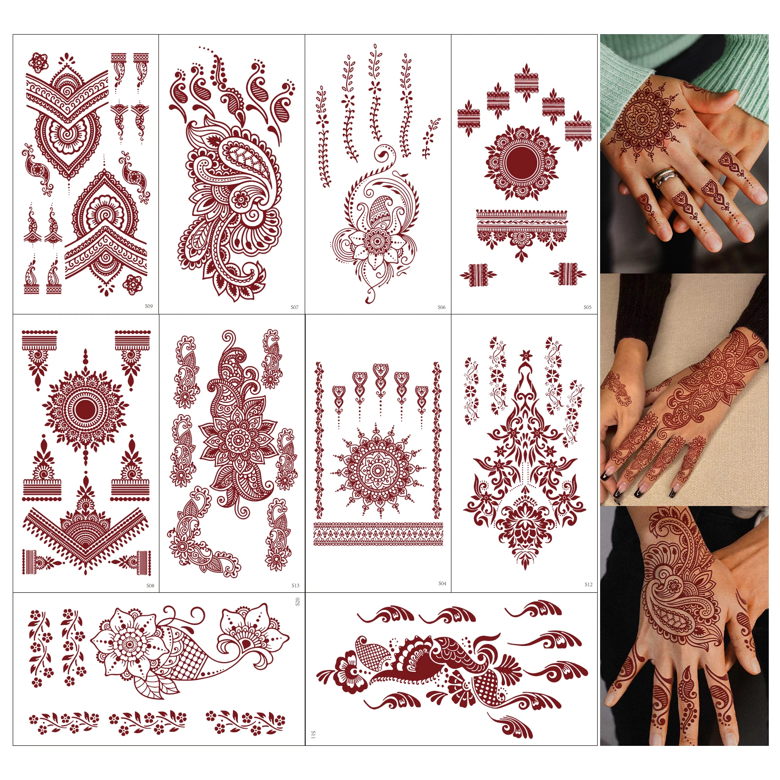 10 Sheets Red Brown Henna Temporary Tattoos Women Henna Fake Tattoo for Hand Waist Body Art Hollow Out Waterproof Tattoo