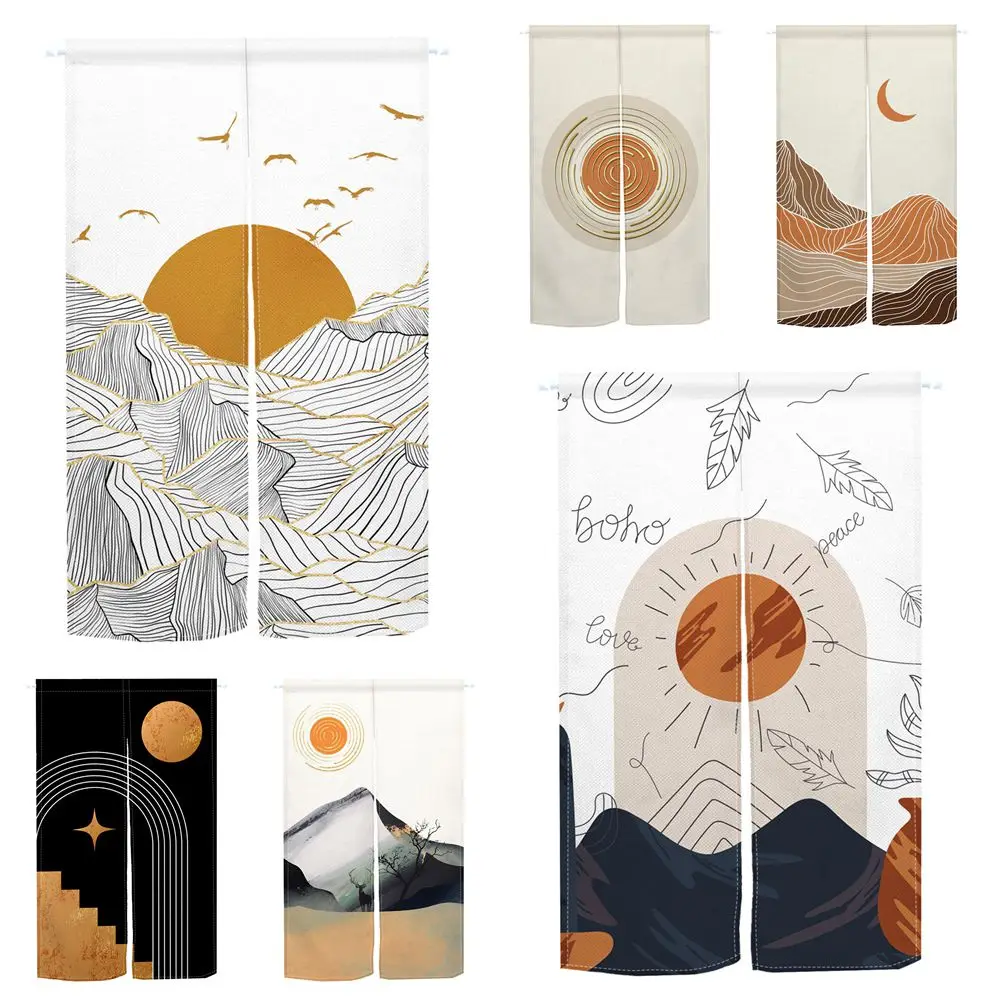 Noren Japanese Door Curtain Simple Line Yellow Black Home Living Room Partition Kitchen Short Curtain Opaque Linen Curtains