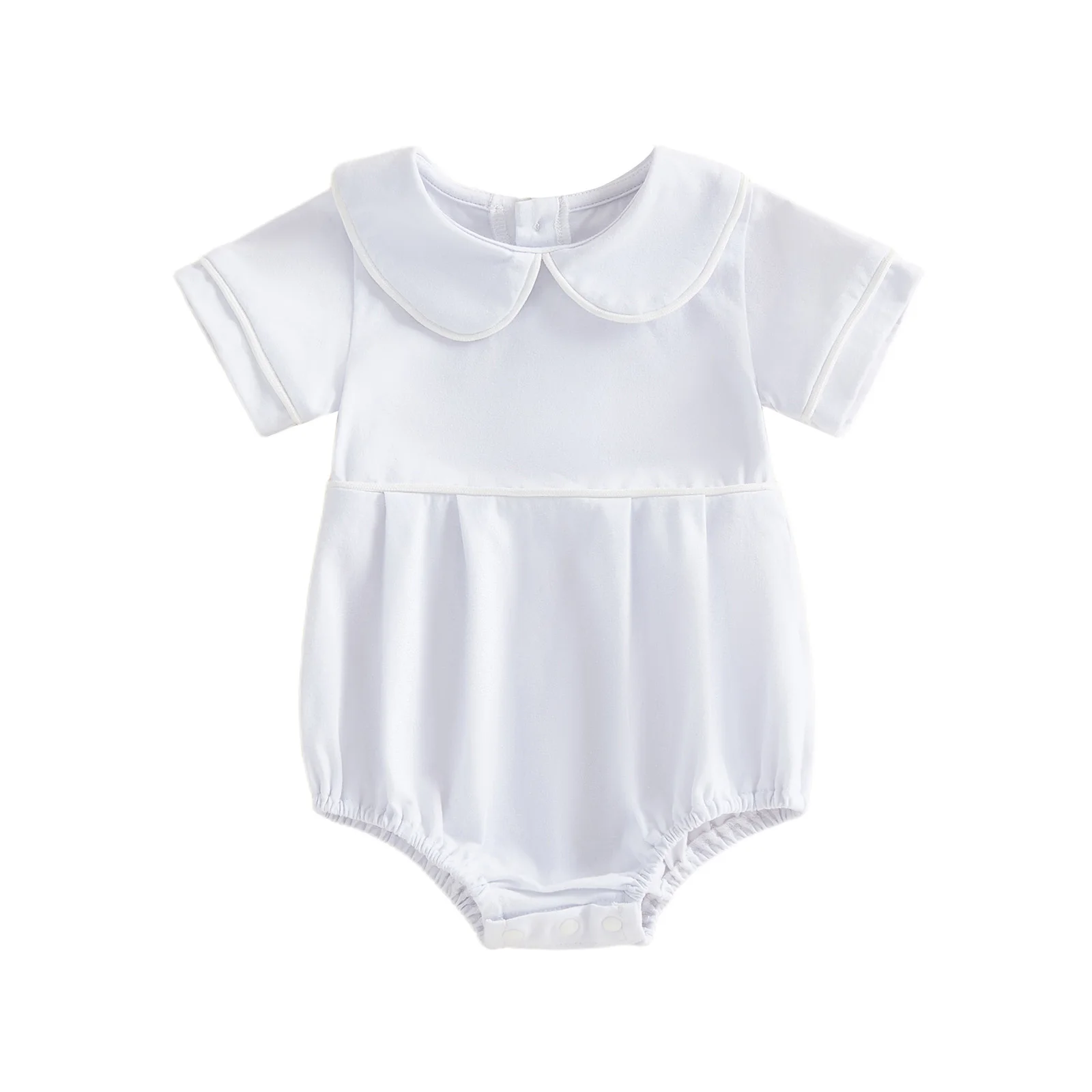

Newborn Baby Girls Summer Romper White Trim Short Sleeve Doll Collar Bubble Jumpsuit Cute Bodysuit