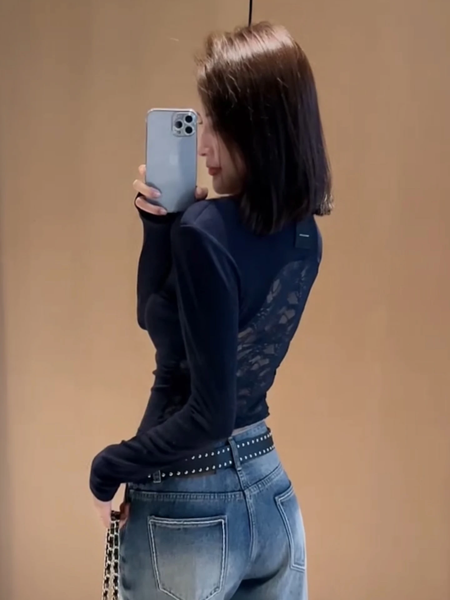 

Рубашка с круглым вырезом и кружевными вставками для ранней осени, приталенная, модная, универсальная, в европейском стиле, с коротким рукавом или рукавом 3/4