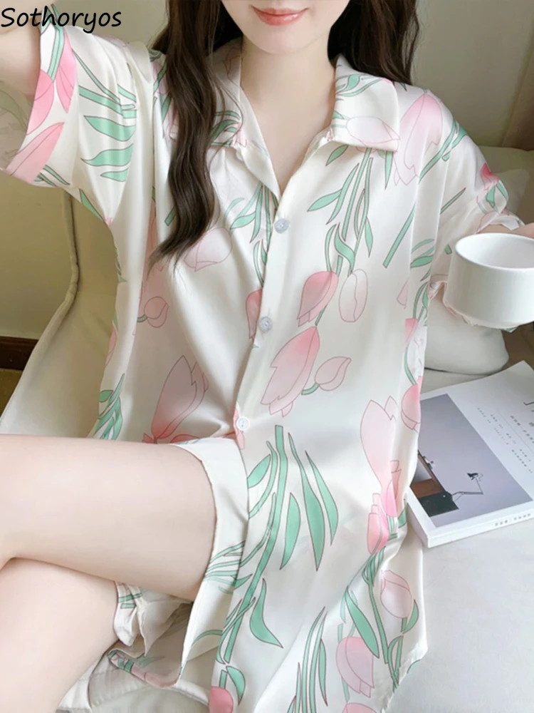 L-6XL Two Piece Pajama Sets Women Prints Chic Turn-down Collar Sexy Nightwear Simple Graceful Ladies Summer Loose Cool Lounge