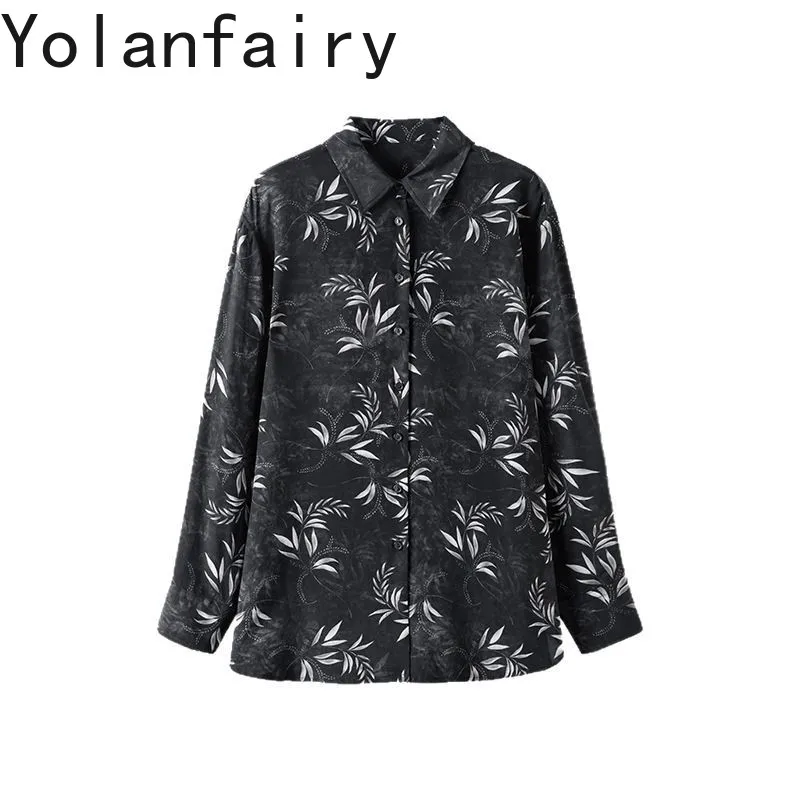 

YOLANFAIRY 100% натуральные шелковые рубашки из тутового шелкопряда, женская одежда, весна 2026, винтажная блузка с принтом, элегантные женские рубашки с длинным рукавом