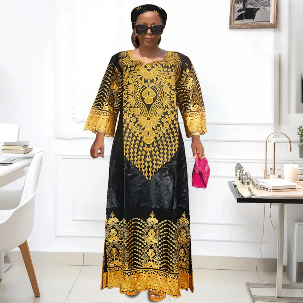 H&D Women Traditional African Dresses Bazin High Quality Embroidery Dresses purple Traditional Dress for Wedding Party Occasions