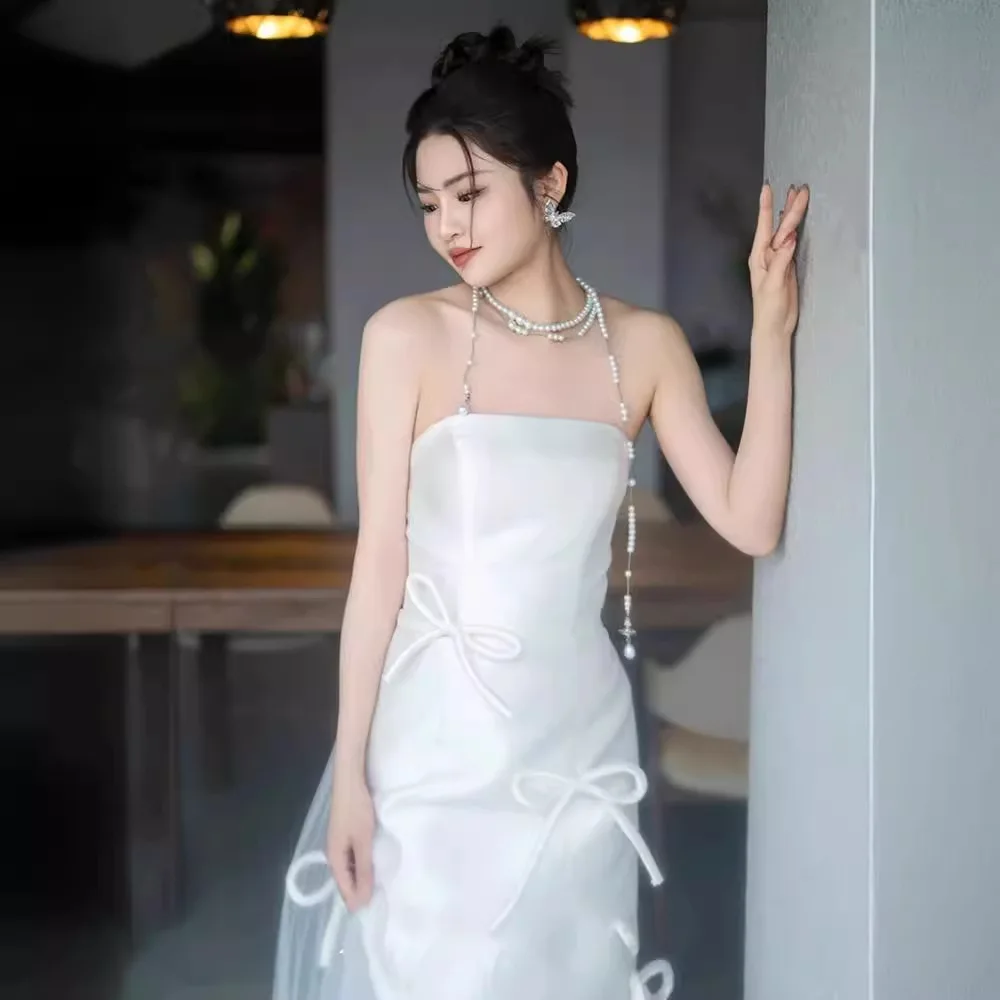 PJN Elegant Strapless Wedding Dress Bride 2025 New White Satin Mermaid Reception Snapshot Dresses Women Long Evening Party Dress