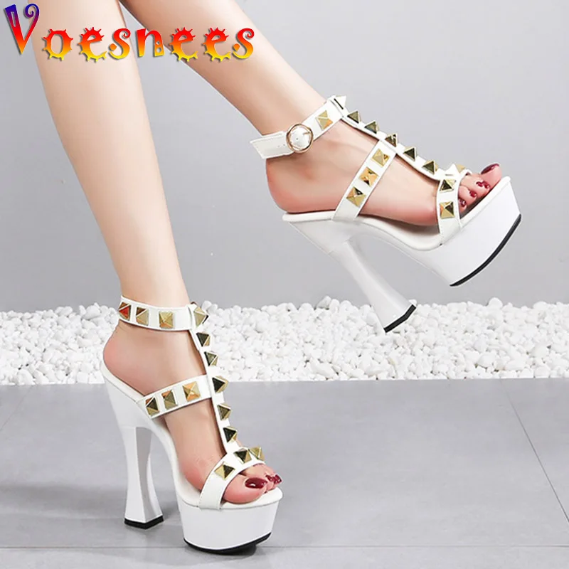 New Rivet Designer High Heels 2022 Fashion Thick Platform Club Women Pumps Sexy Summer Models Sandals White Black Red Woman Shoe