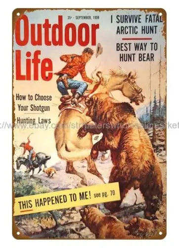 1959 OUTDOOR LIFE Bear Hunting Attack metal tin sign old  with wall art