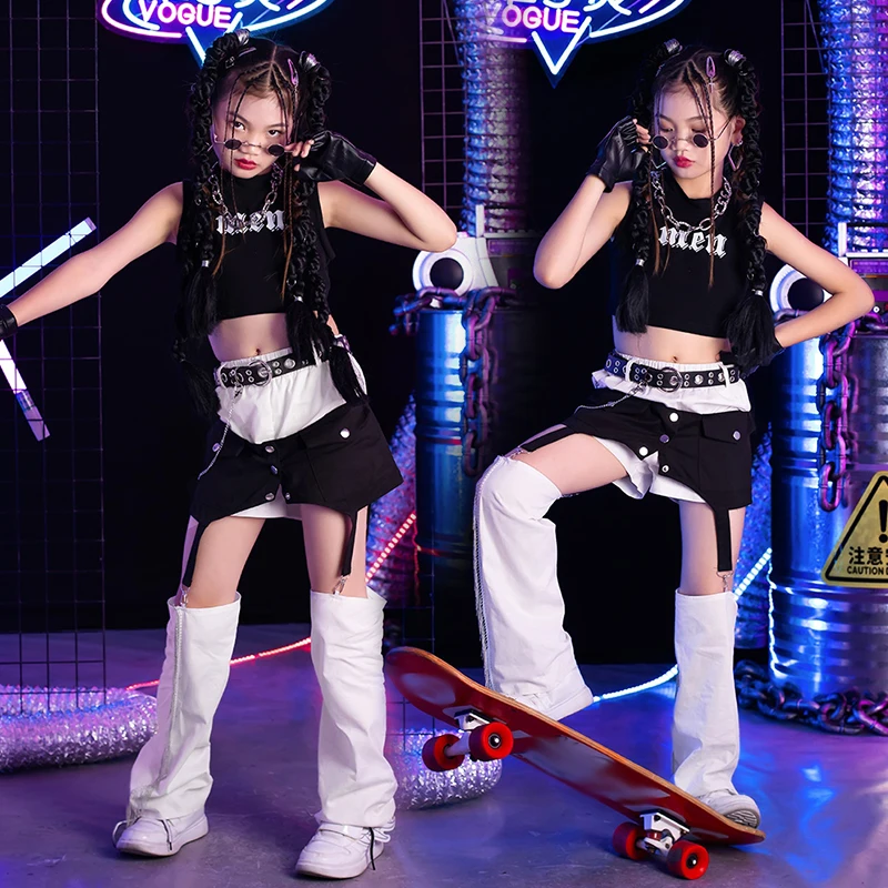 

Summer Girls Jazz Dance Outfit Kpop Stage Show Clothing Black White Dance Performance Suit Kid Catwalk Fashion Clothes AMY2455