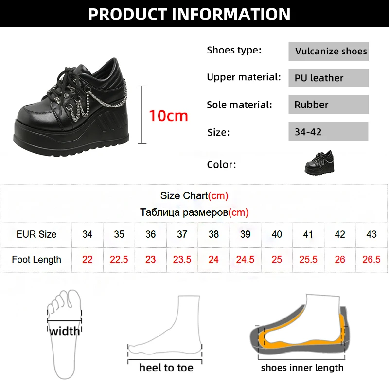 Metal Chain Punk Gothic Shoes Woman Thick Bottom High Wedge Sneakers for Women 2023 New Black Chunky Platform Y2K Uniform Shoes