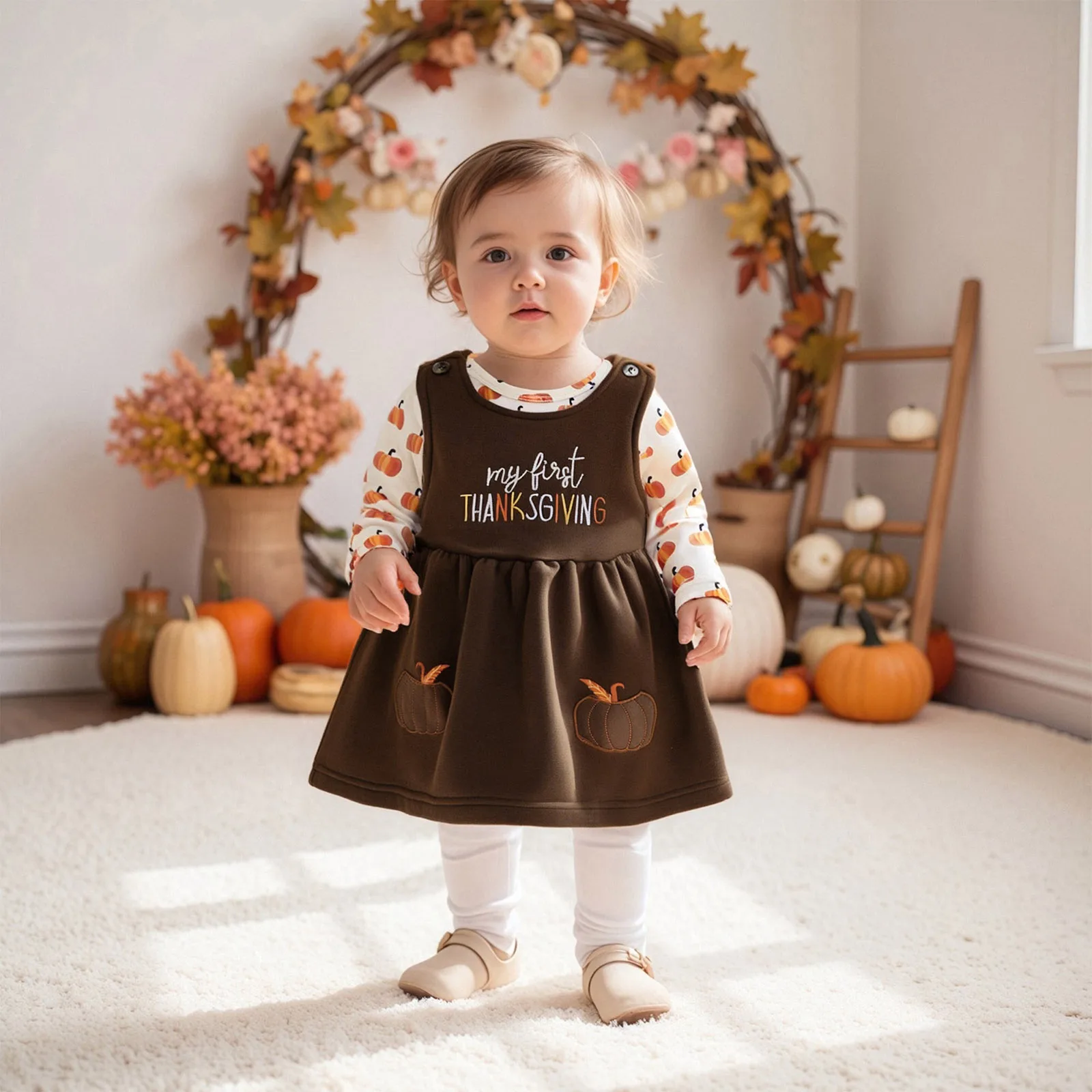 

Детская осенняя одежда, наряды на День Благодарения для девочек, комбинезон с длинными рукавами и принтом тыквы, платье-майка с вышивкой букв