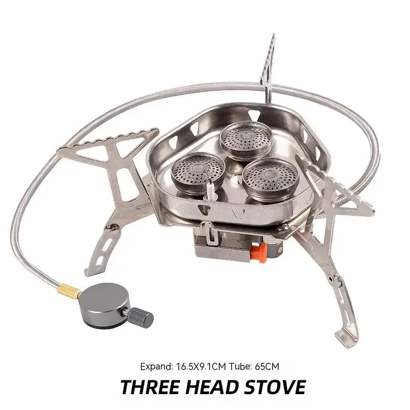 Outdoor hose length 65cm 6900W windproof 3-head mini stainless steel portable cooker burner camping gas stove