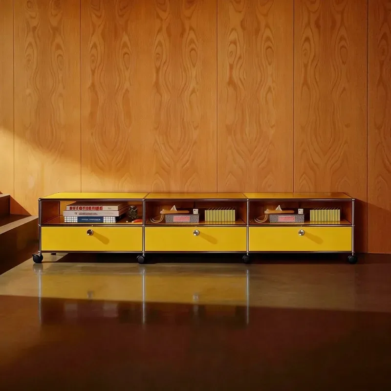 

TV cabinet, antique stainless steel storage mobile cabinet against the wall in the living room