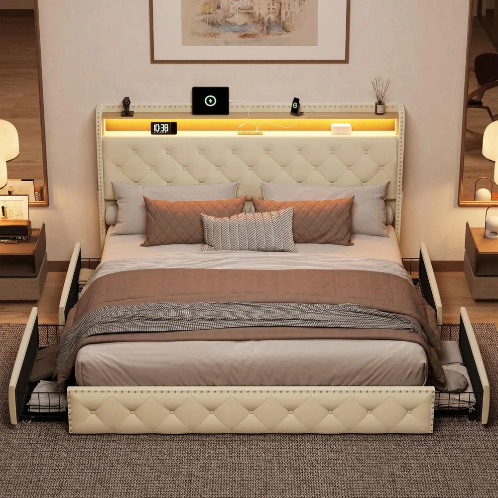 King Bed Frame with Large Storage Space and LED Lights and Charging Station, with Drawers,Upholstered Bed Frame image 6