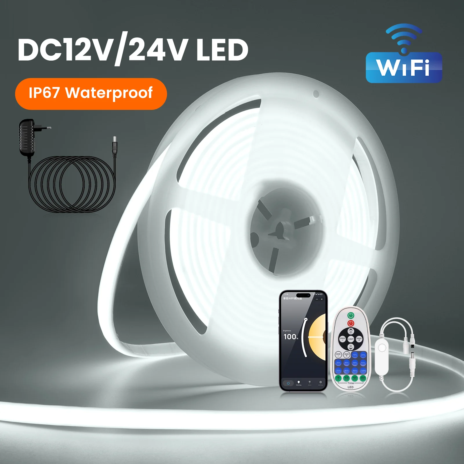 WIFI APP التحكم عكس الضوء لون واحد COB النيون قطاع عدة مع محول الطاقة + عن بعد 12 فولت 24 فولت عالية أكثر إشراقا مرنة مصباح ليد #1