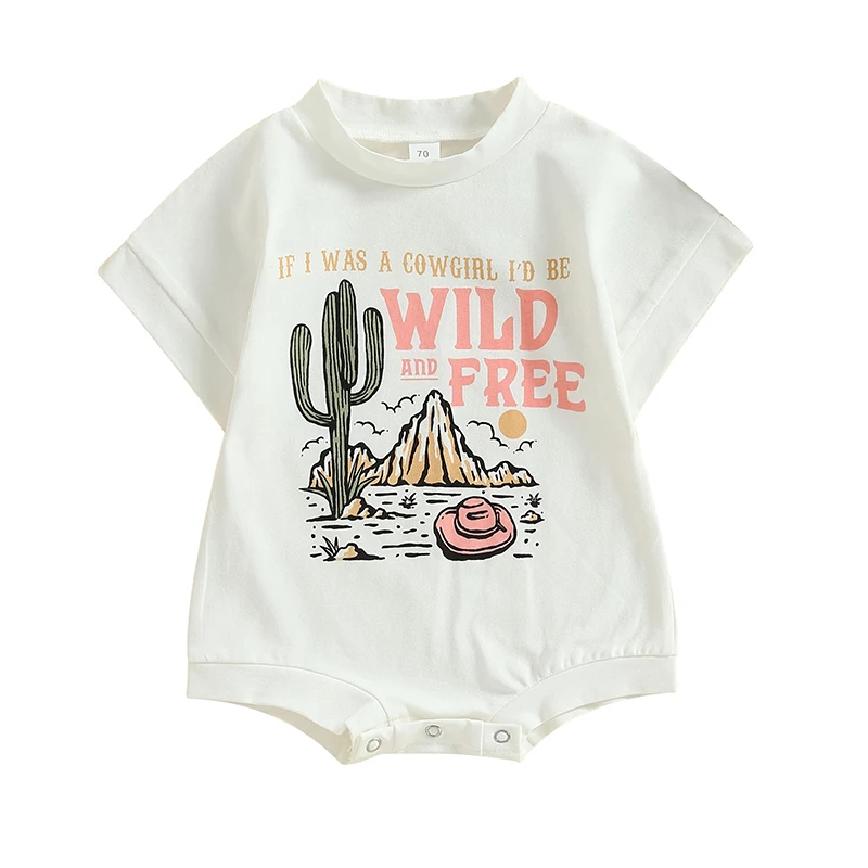 FOCUSNORM 0-24M Infant Baby Girls Western Romper Short Sleeve Letter Cactus Cowgirl Hat Print Jumpsuits Summer Clothes