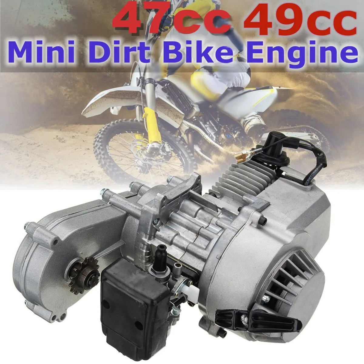 49Cc 47Cc Motorcycle Complete Engine 2-Stroke Pull Start W/Transmission Silver for Mini Motorcycle Atv