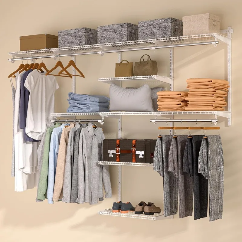 

Closet Organizer System Wall Mounted, 4-8 Ft. Adjustable and Expandable Metal Wire Shelving , Custom DIY Wardrobe Kit with