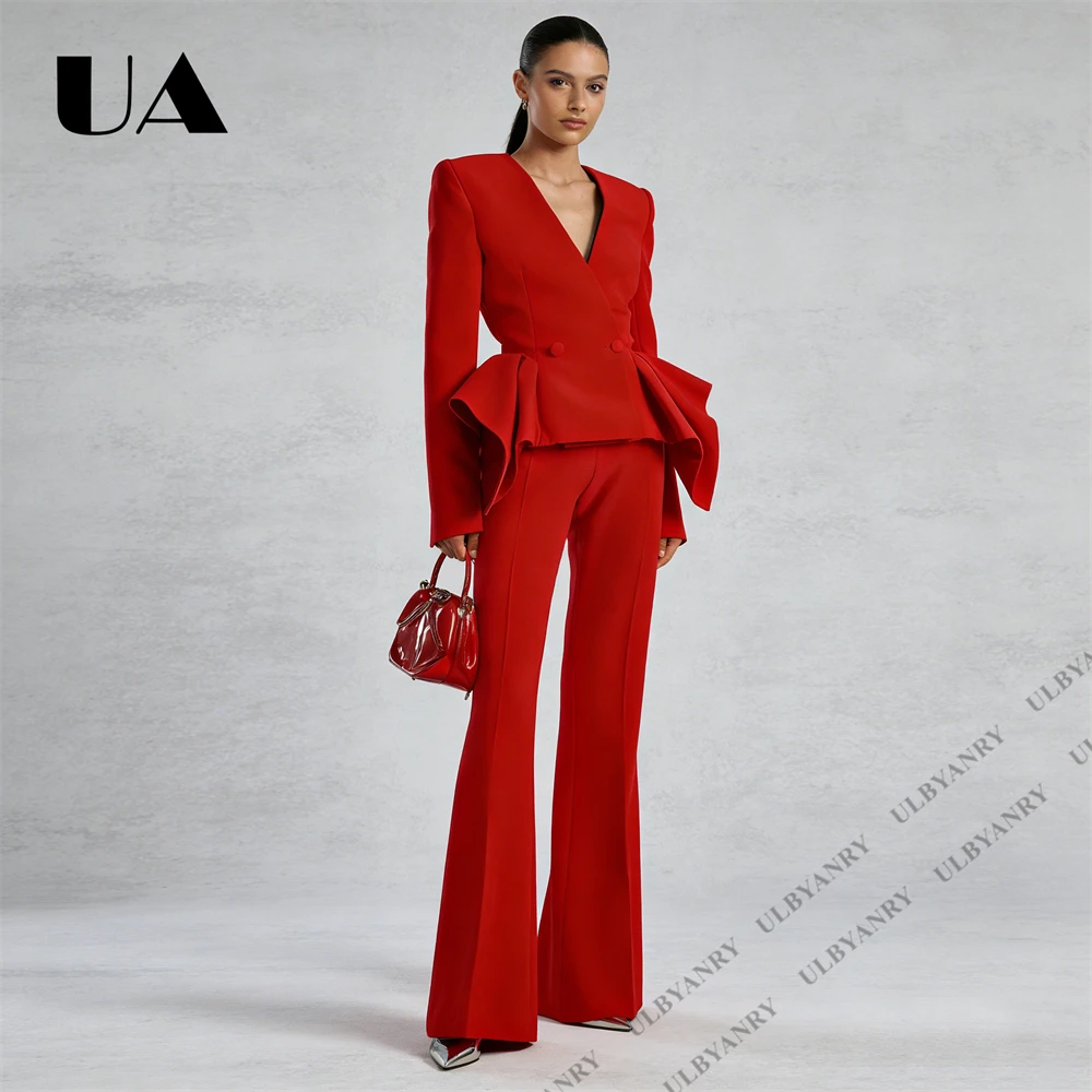 Fashion Streetwear Women’s Crimson Suit Set Peplum Waist Deep V Blazer Flare Pants Trendy Party Cocktail Set (Size S - XXL)