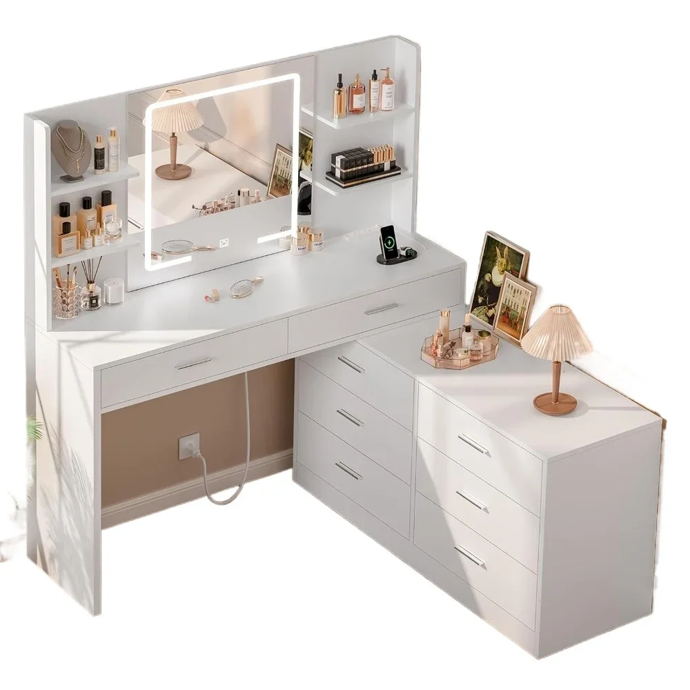 65.9'' Vanity Desk with LED Lighted Mirror & Power Outlet, Modern Corner Makeup Vanity Table, Dressing Table for Makeup Room