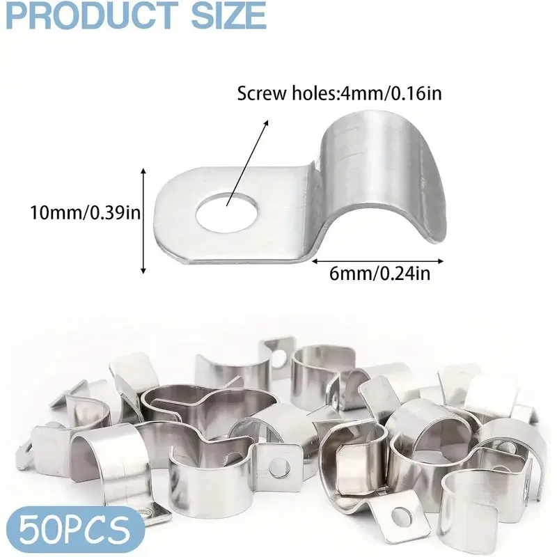 50pcs Motorhome Metal Pipe Cable Fixing Clamps U-Shaped Stainless Steel Clips Hooks For Dia. 6-7mm Pipe RV Camper Accessories