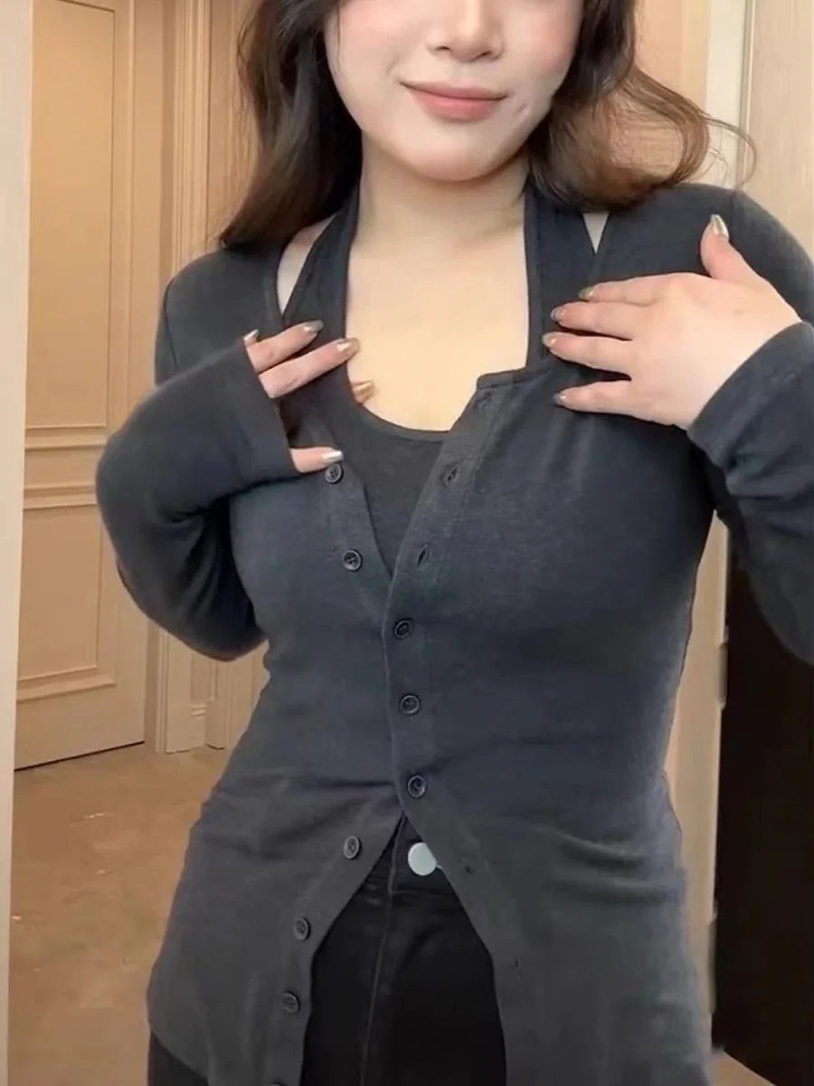 

Slimming Knitted T-irt Women's plus Size Conceal Belly Hang Ne Small irt Design Sensation Fake Two-Piece Long Sve Pu...