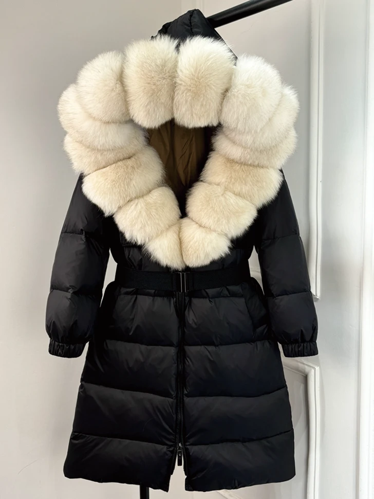 Lagabogy 2025 Winter Puffer Jacket Women Real Fox Fur Hooded Collar Thick Warm Long White Duck Down Coat Loose Luxury Outerwear