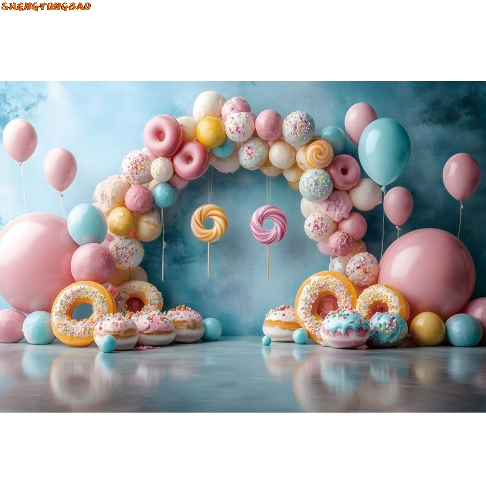 Sweet Dessert Backdrop Donuts Arch Balloons Pink Baby Shower Girls Birthday Party Photography Background Decor Photo Studio Prop