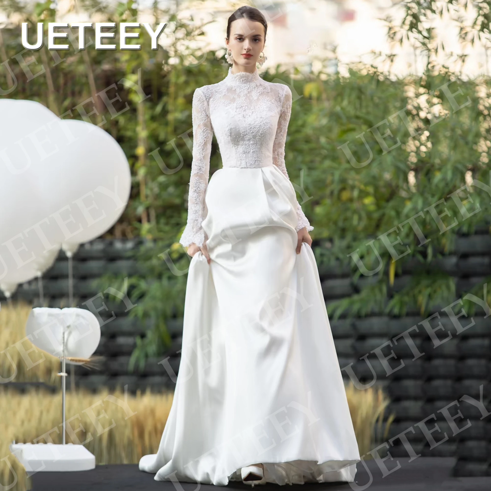 

UETEEY Exquisite A Line Women Wedding Dresses Sexy Lace Appliques High Neck Open Back Long Sleeves Bridal Dress Customized Satin