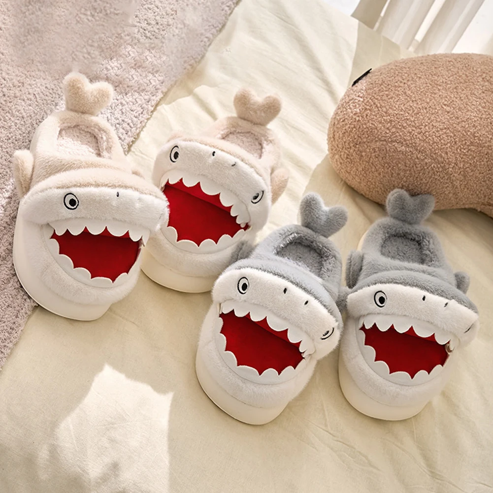 Winter Cute Children's Slippers Shark Shape Fluffy Non-slip Mule Designer Cartoon Kids Adult Warm Indoor Home Cotton Shoes