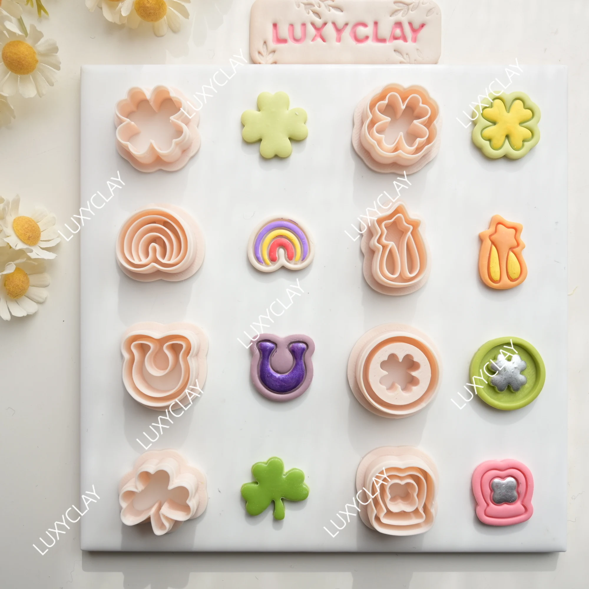 8pcs Lucky Charms Polymer Earrings Clay Molds, St. Patrick's Day Clover Shape Clay Cutters for DIY Pendants Jewelry Making