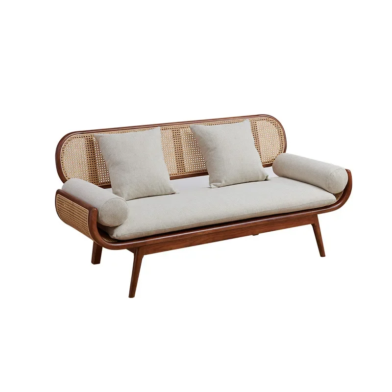 

New Chinese solid wood sofa simple rattan backrest small apartment living room s ofa winter