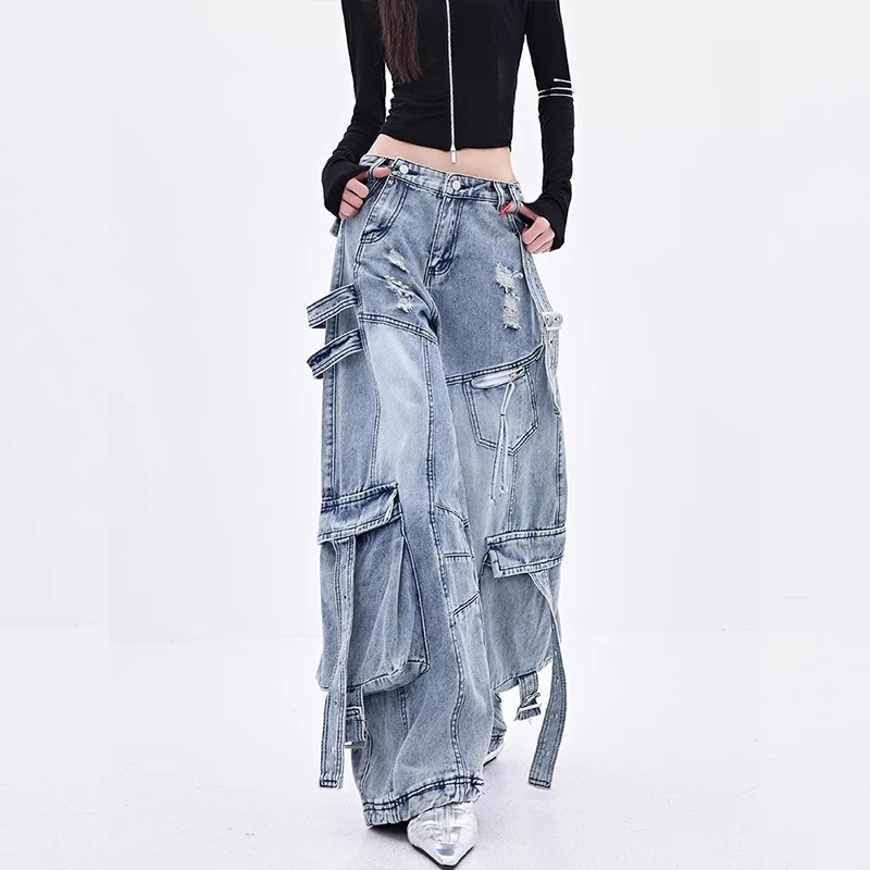 Female Trendy Loose Straight Wide Leg Denim Pants American Style High Street Three-dimensional With ribbons Design Pants