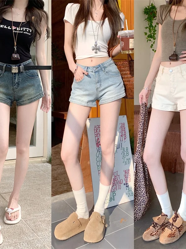

Sexy American Style Elastic Denim Shorts High Waist Slimming Women's Summer Commute Style Multi-Pocket Wide Leg Pants