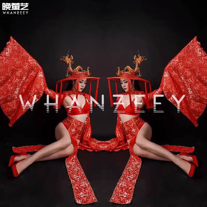 

Halloween New Year's Eve New Year's Eve Performance Dress Chinese Style Red Golden Dragon Fighting Hat Set Custom Cosplay