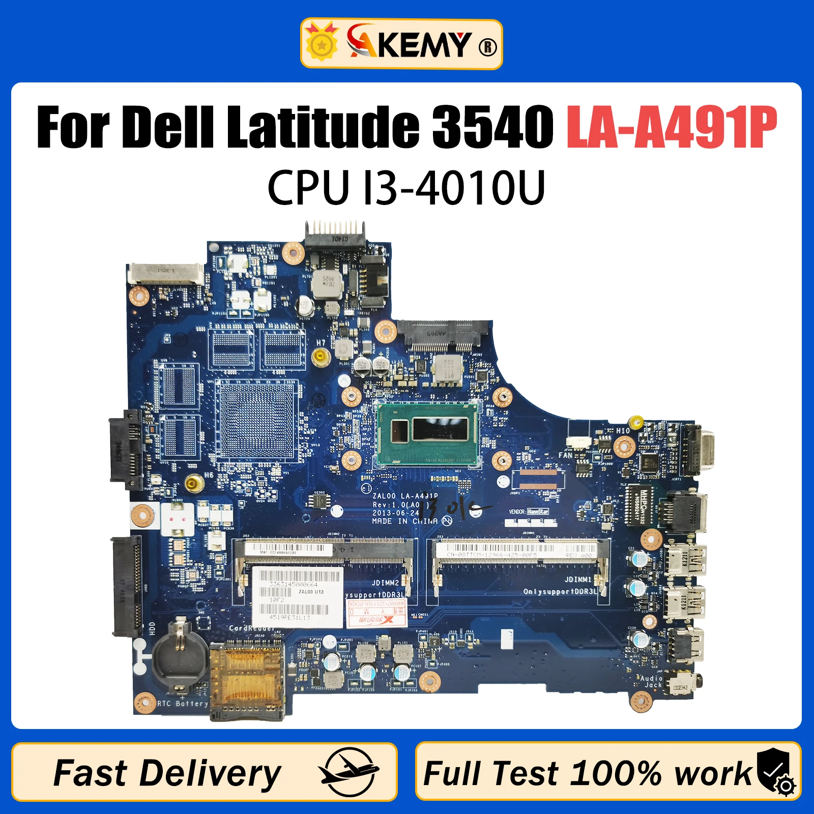 

AKEMY For Dell Latitude 3540 Notebook Mainboard LA-A491P 08MDVW 06TJHN 0DXN93 I3-4010U CPU Laptop Motherboard