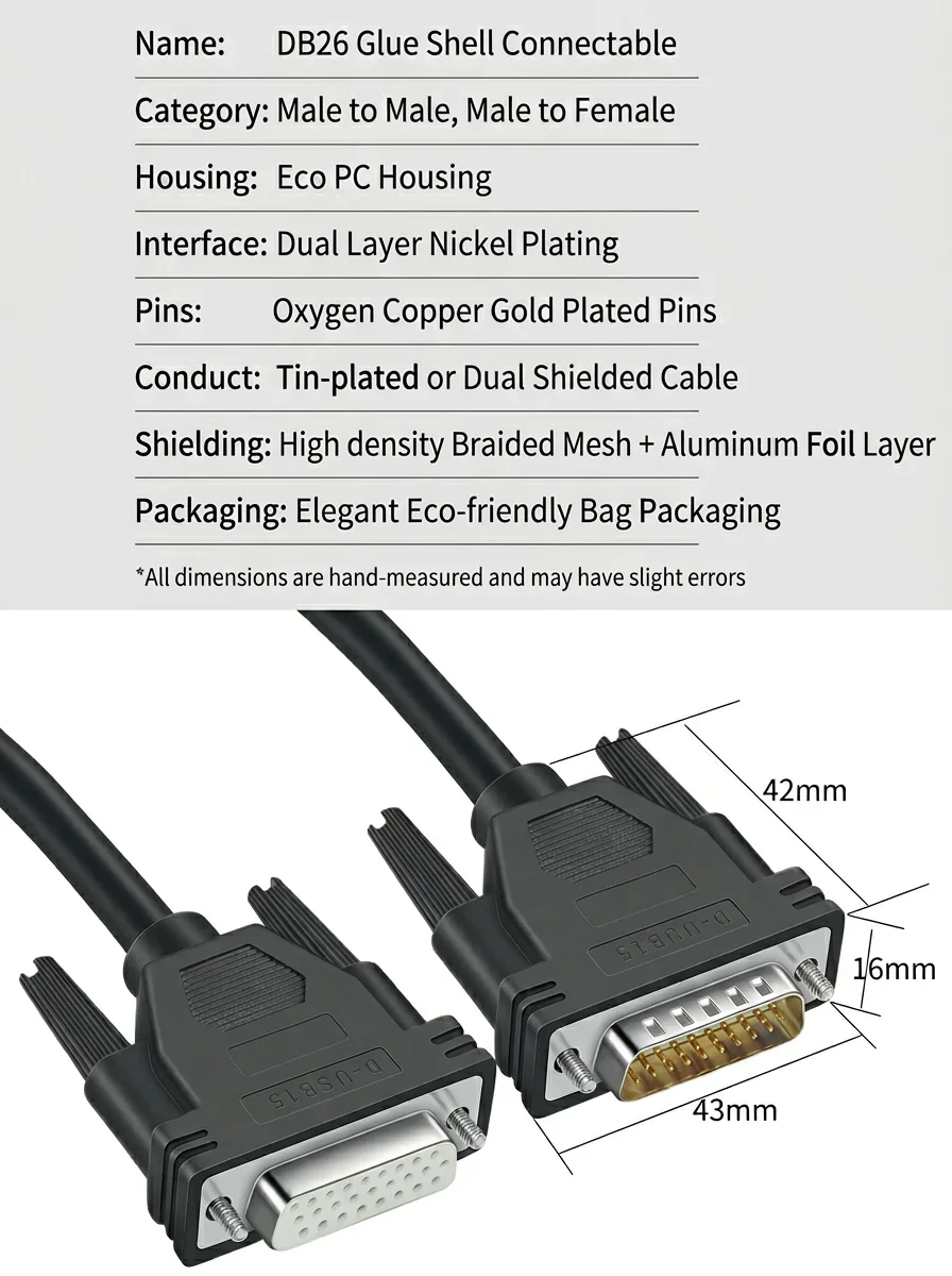 DIVEDEER DB26 Extension Cable 3-Row 26-Pin Industrial Grade Male to Male & Male to Female Data Cable 26-Core Signal Control Line