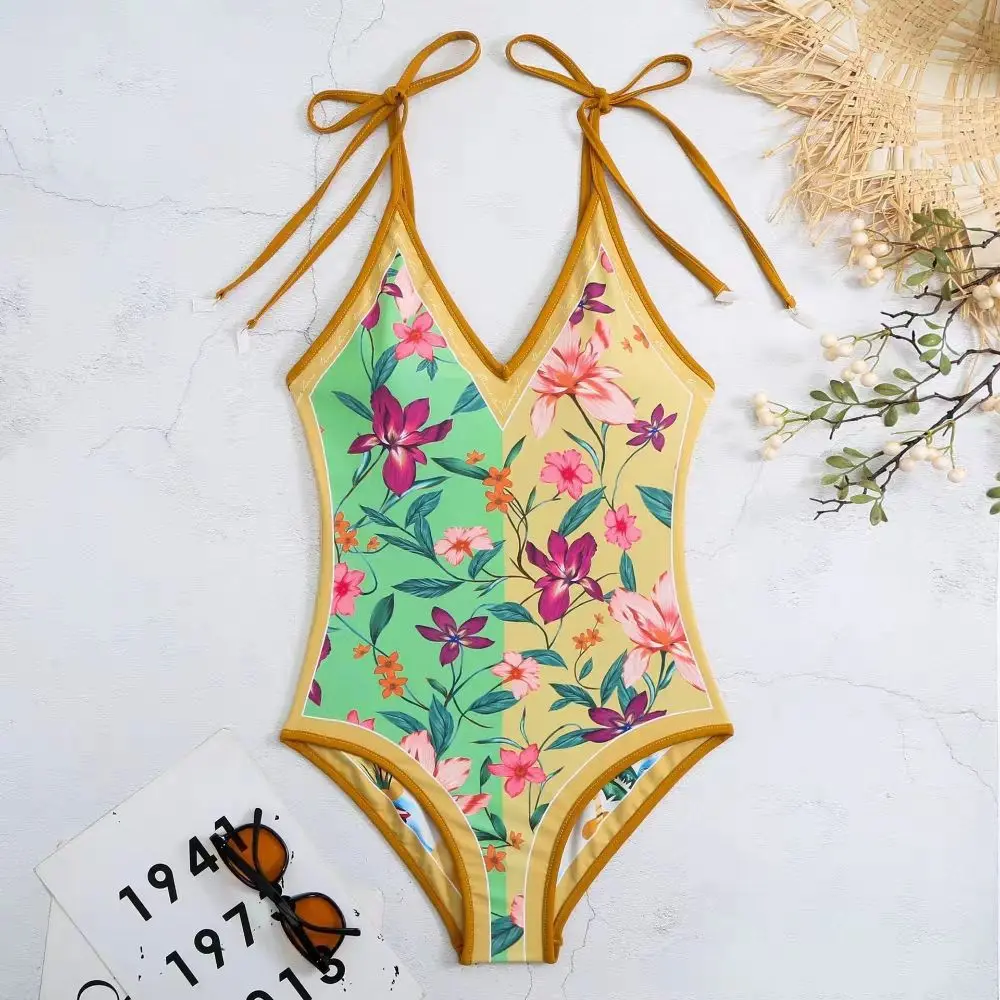 Hot spring swimsuit for women wearing double-sided printed jumpsuit, sexy yellow, large size lace up