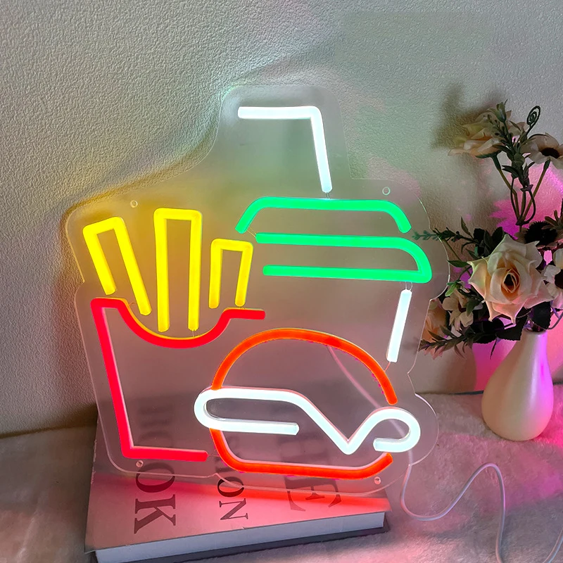 Hamburger Pizza Fries Neon Light For Business Shop Restaurant Eating House Wall Led Sign Fast Food Shop Cinema  Party Decoration