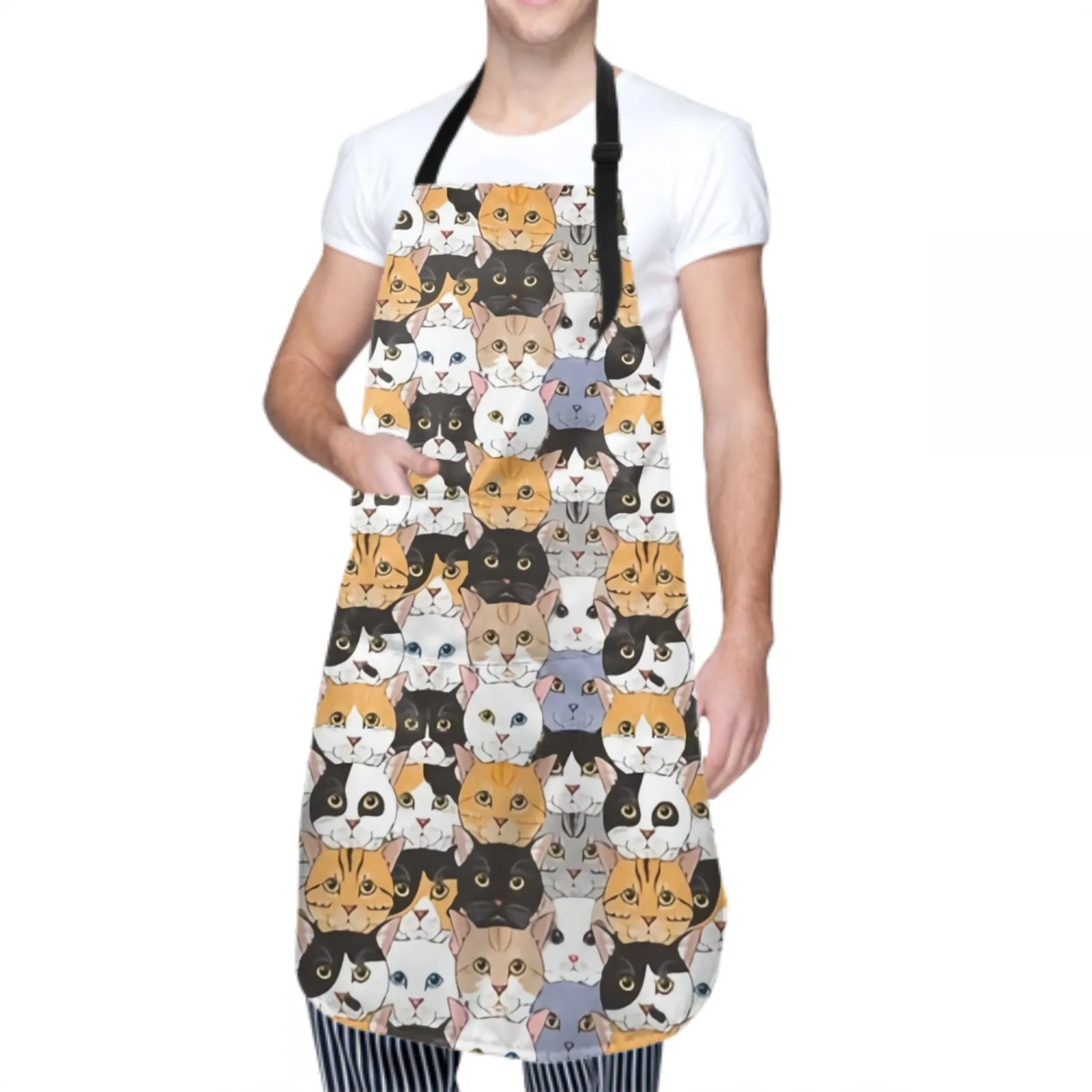 Cute Cat Waterproof Apron with 2 Pockets Kitchen Chef Apron Colorful Apron for Hair Brushing Cooking Baking Painting Gardening