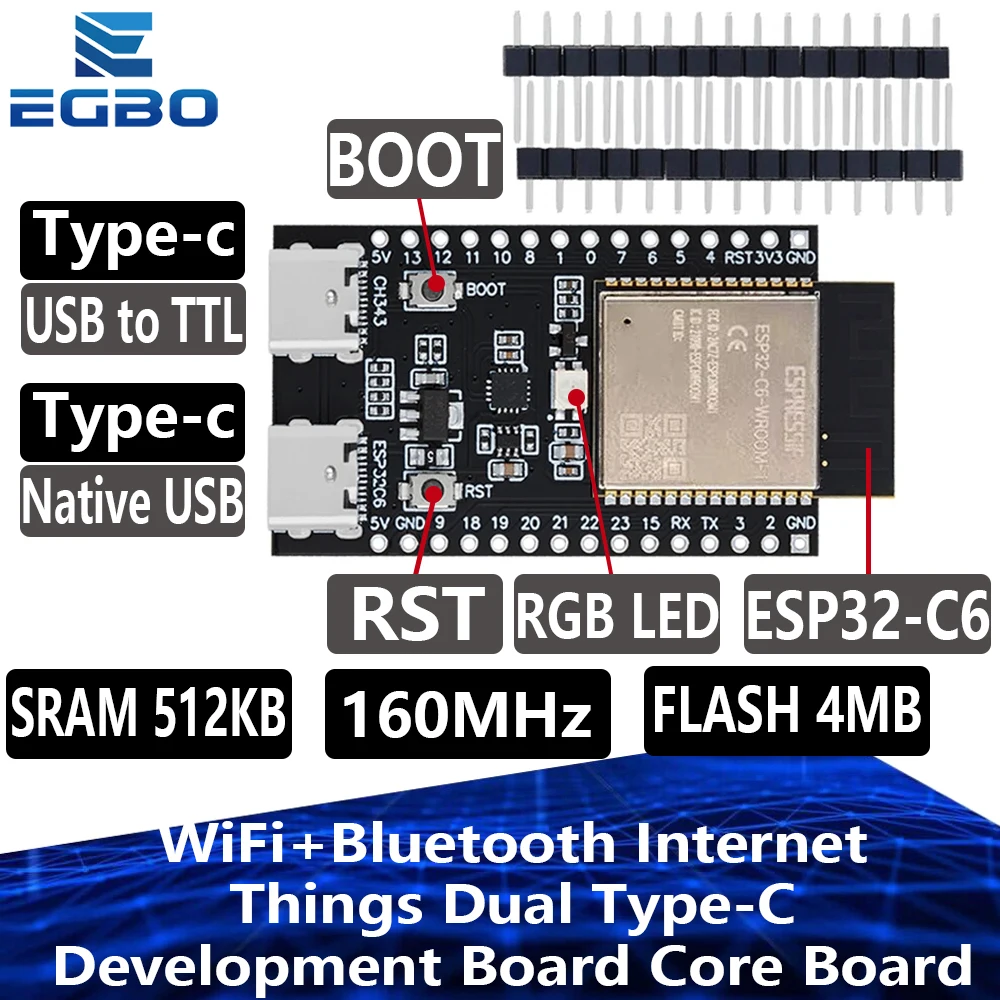 1 ~ 4 шт. EGBO ESP32 ESP32-C6 Wi-Fi + Bluetooth Интернет вещей, двойная плата разработки Type-C, основная плата ESP32-C6-DevKit C N4R2