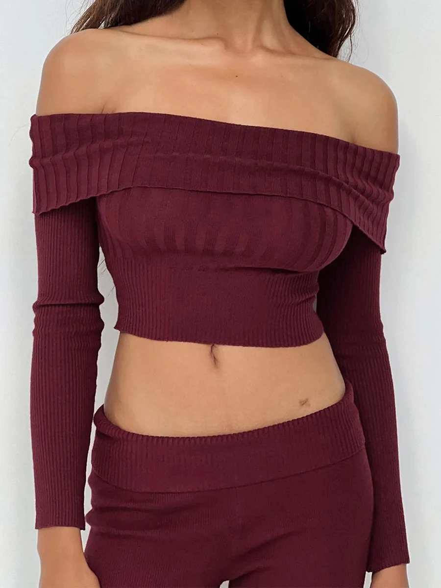 Women’s Off Shoulder Sweaters Long Sleeve Solid Color Slim Fit Waffle Knit Tops Fall Winter Slim Pullovers