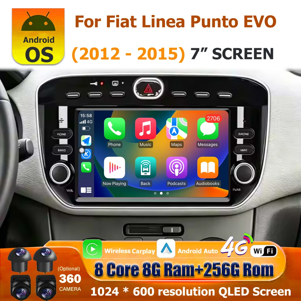 Android 16 Auto For Fiat Linea Punto EVO 2012-2015 Car Radio Multimedia Video Player GPS Navigation Carplay DSP 360 Camera 7''