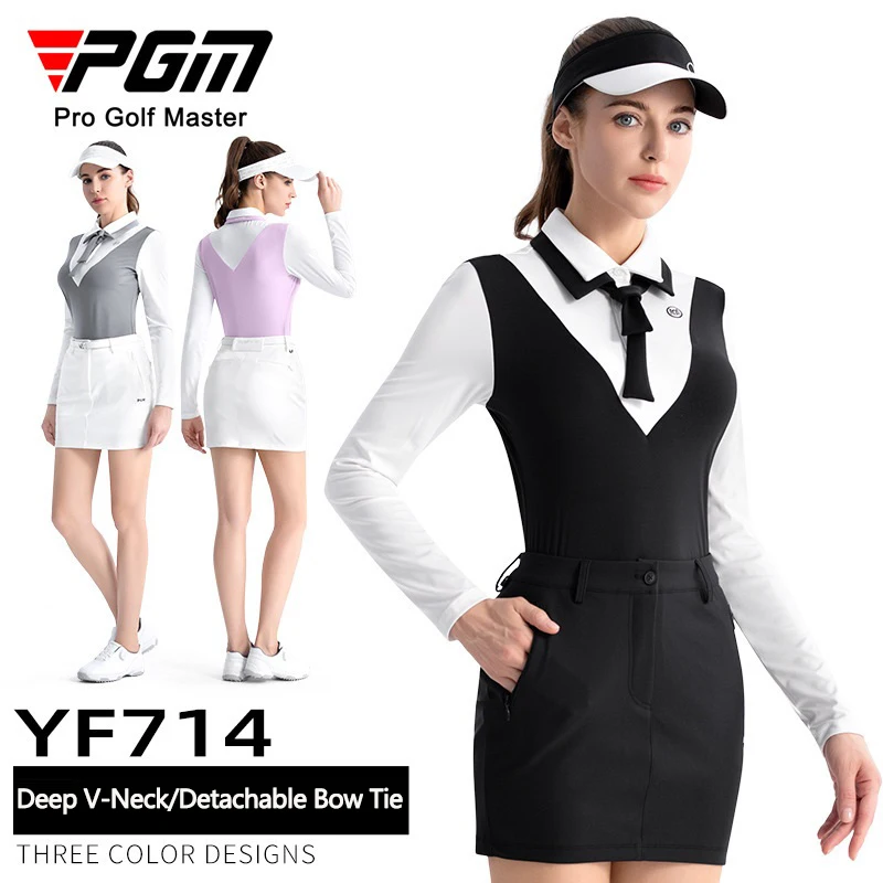 Pgm Korean Golf Shirts for Women Chic Fake Two Shirts Ladies Contrast Color Sports Tops V-Neck Vintage Blouse with Bowtie