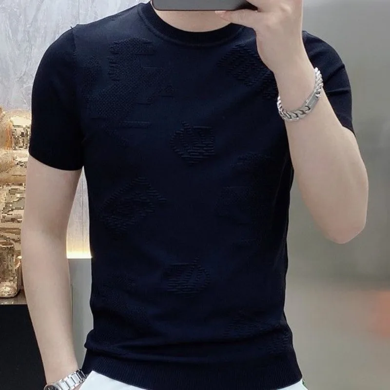 

Новая летняя жаккардовая мужская футболка с короткими рукавами, модная трендовая облегающая корейская повседневная футболка с круглым вырезом, топ