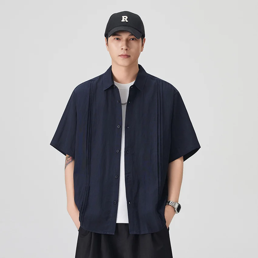 Summer Lightweight Thin Pleated Commuter Shirt Men Vintage Fashion Loose Casual Short Sleeve Shirts Tops
