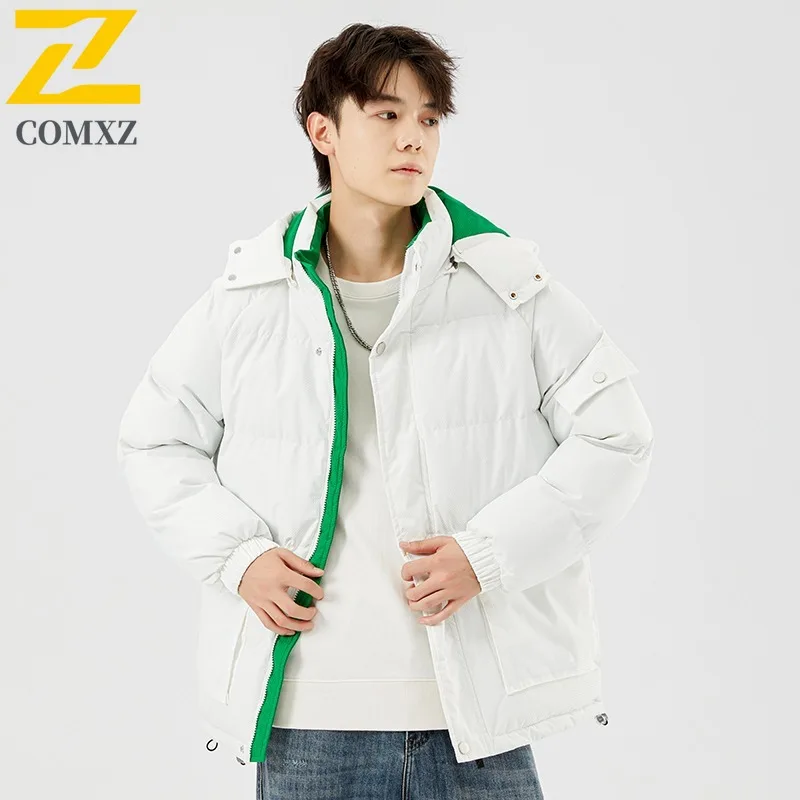 COMXZ 2025 Winter New Premium Cotton Coat Men Hooded Trendy Camping Lightweight Parkas High Quality Street Style Outerwear