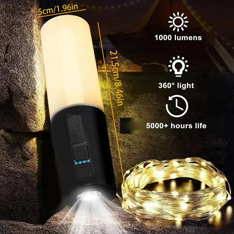 Camping Lantern With String Light(33Ft), Rechargeable 4000Mah Charger Bank, IP44 Waterproof Camping String Lights, Easy To Use