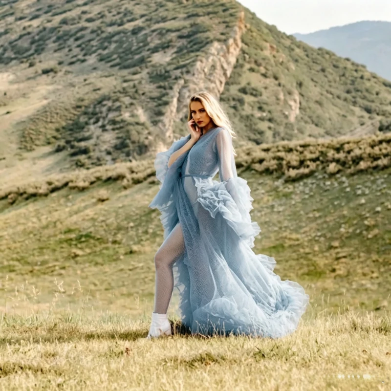 DUSTY BLUE Ruffle Tulle Robe Dress Photography Prop, Flowy Open Front Maxi Gown for Wedding ceremony Shoot, bridesmaid dress view 4