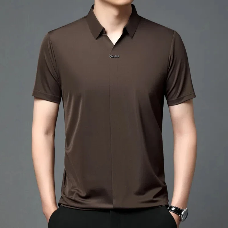 Smart Casual Summer Polo Shirts Men\'s Turn-down Collar Solid Color Thin Style Ice Silk Trend Versatile Slim Short Sleeve Tops