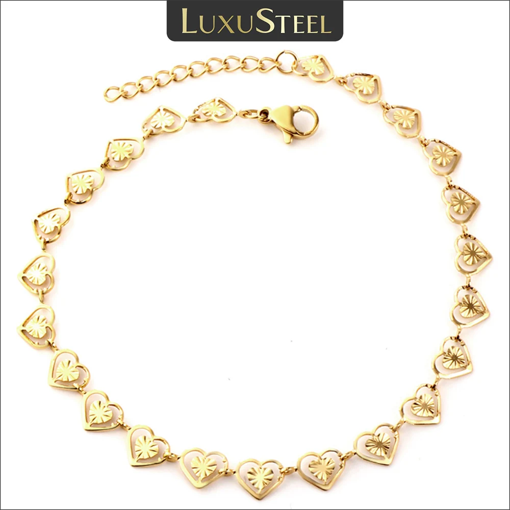 LUXUSTEEL Women’s Mini Heart Chain Anklet Golden Color Stainless Steel Ankle Bracelets On the Leg Trendy Bobo Jewelry Gifts